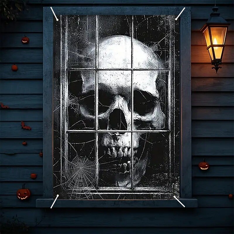 Halloween Window Curtain Giant Skull Behind Broken Glass, Creepy , Scary Door Cover, Window cover, Wall Tapestry for 2025 Halloween Spooky Home Decoration