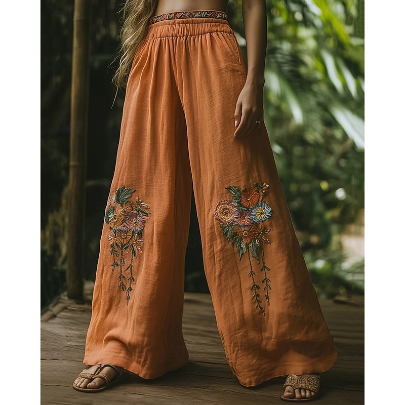 Women's Wide Leg Pants Trousers Palazzo Pants Fashion Boho Full Length High Waist Flower Elastic Waist Print Breathability Comfortable Street Daily Wear Going out Orange Spring Fall Regular Fit
