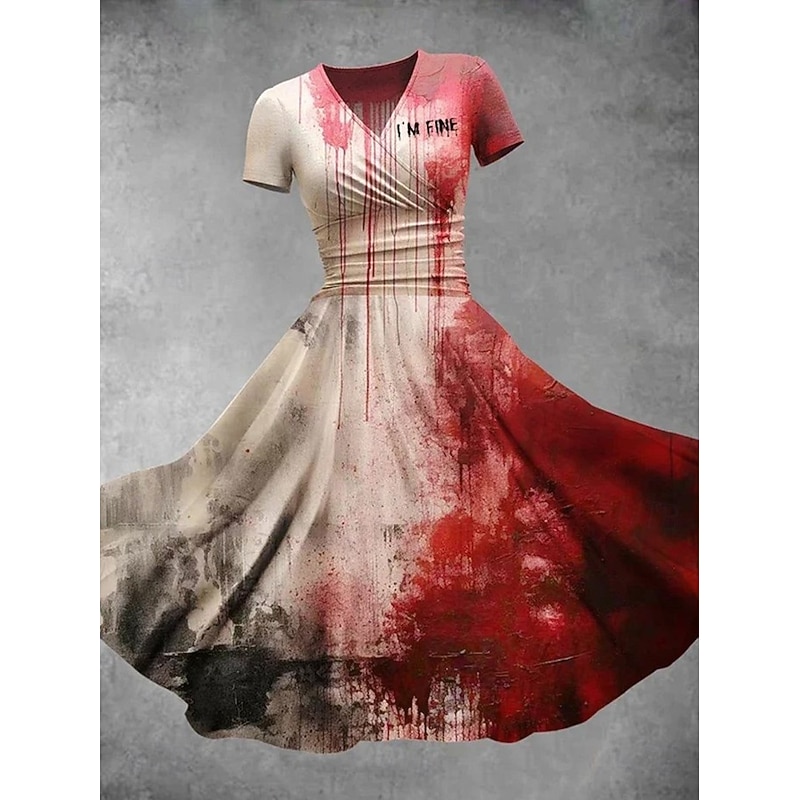 Halloween Women's Bloodstain Print Midi Dress A Line Dress Dress Fit And Flare Dress Party Casual Daily Holiday Regular Fit Graphic Abstract Short Sleeve V Neck Deep Green White Wine Red Fall2