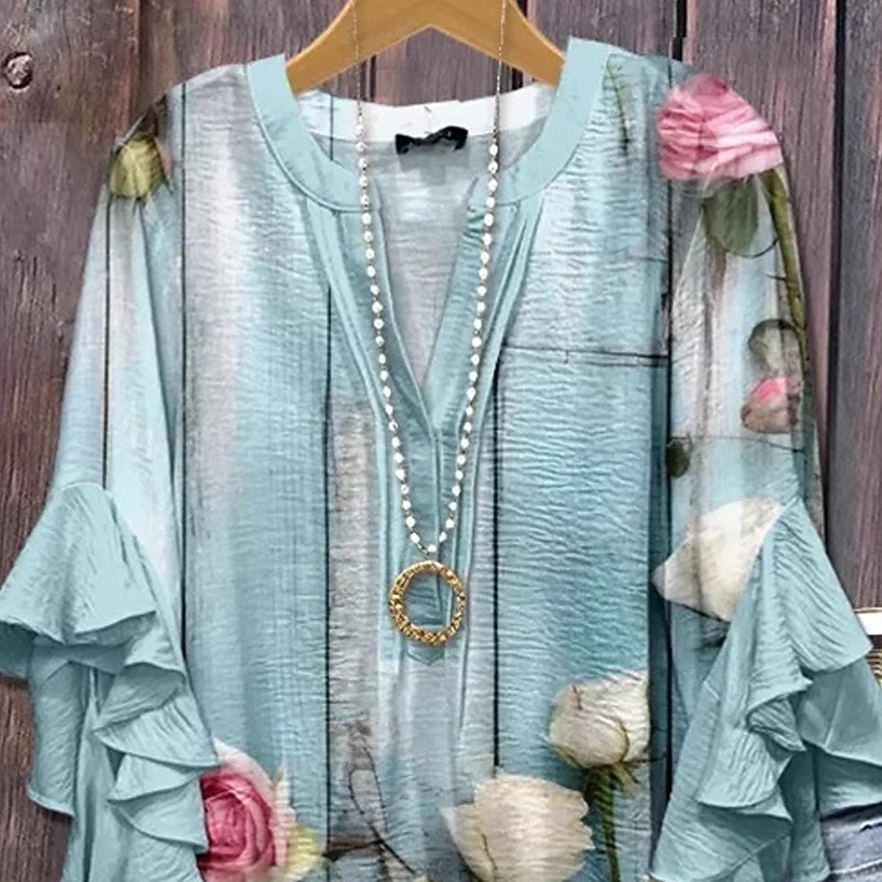 Women's T Shirt Tee Top Floral Fashion Modern Short Sleeve V Neck Regular Tops Daily Going out Beach Wear Ruffle Print Blue Summer Spring2