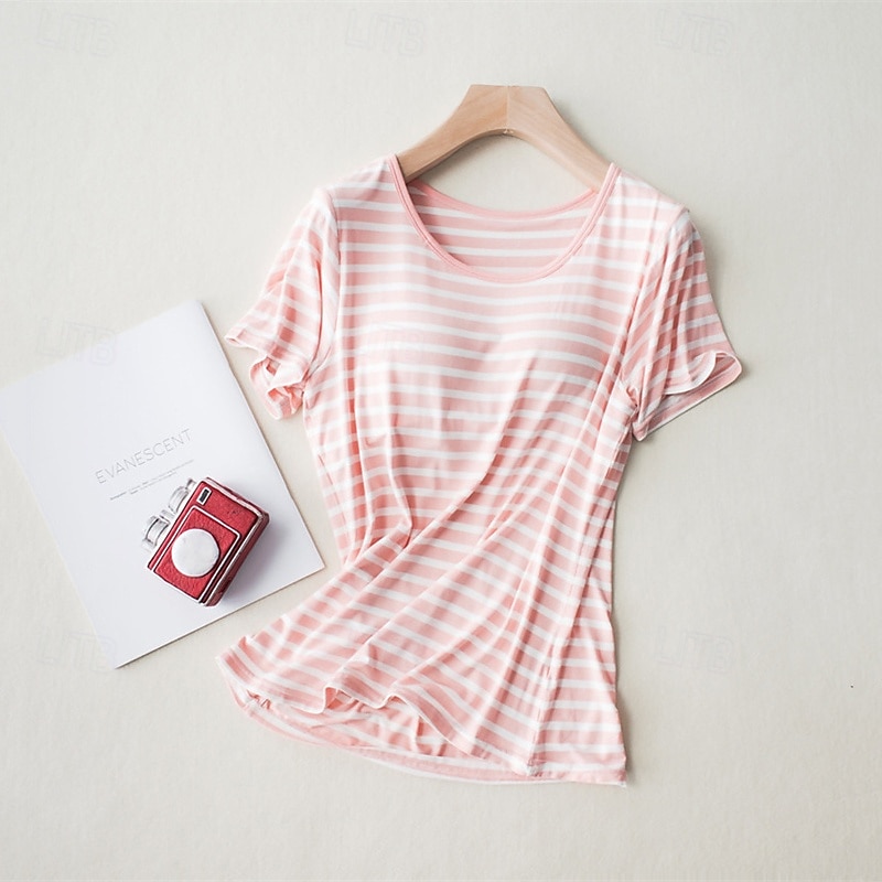 Women's Texture Blouse T Shirt Striped Fashion Modern Short Sleeve Crew Neck Regular Tops Daily Print Black Pink Gray Summer4