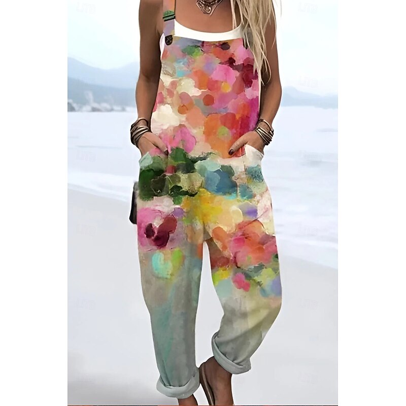 Women's Dungarees Active Floral Sleeveless Sleeveless Straight Square Neck Pocket with Pocket Vacation Daily Loose Fit Pink Purple Green Summer3