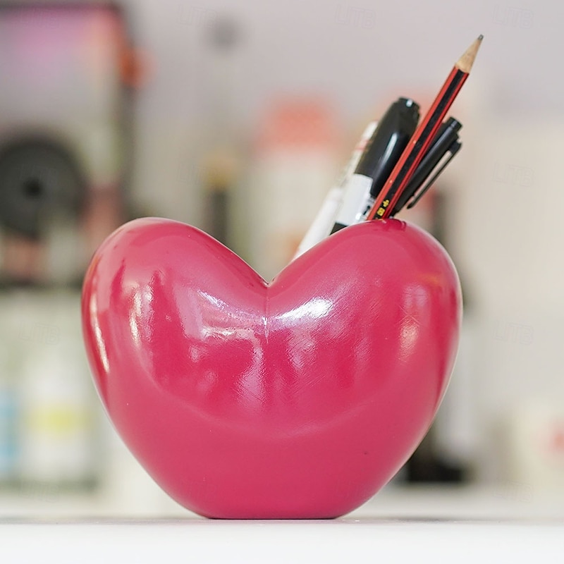 Pen Holder 3D Heart Shaped Storage Organizer Cute Desktop Decoration for Girls Makeup Brush Holder Stationery Container Romantic Vanity Table Accessory Gift Idea