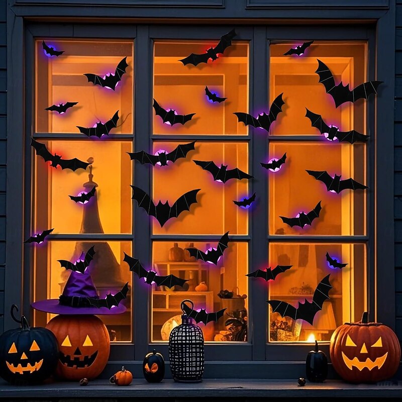 Halloween Bats Wall Decor, Lighted 3D Bat Stickers Assorted Size for Halloween Party, Bedroom Window Decorations, Indoor and Outdoor Home Decals2