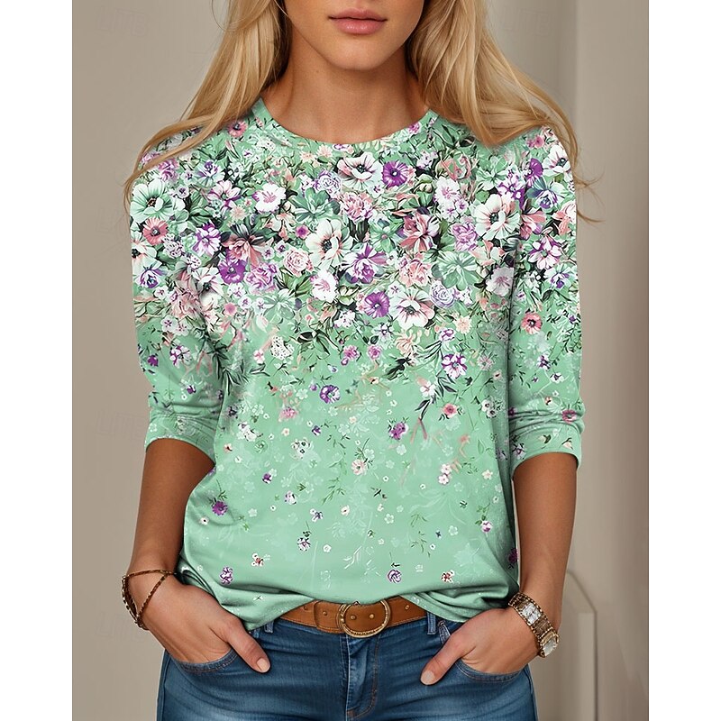 Easter Women's T shirt Crew Neck Long Sleeve Tunic Floral Graphic Plants Vintage Stylish Classic  Regular Tops Daily Print Pink Blue Purple Orange Green Fall