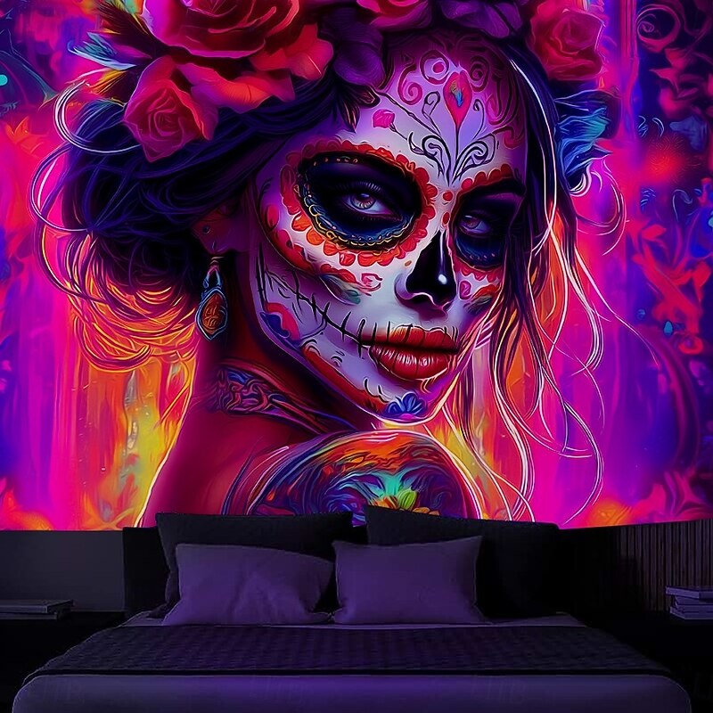 Halloween Blacklight Wall Tapestry – UV Reactive Day of the Dead Woman Skull Face with Flowers, Neon Colors Gothic Horror Theme, Glow in the Dark Wall Hanging for 2025 Halloween Party Decoration