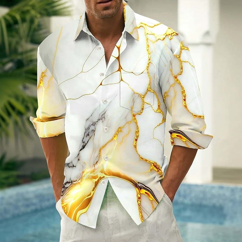 Men's Gradient Waves Marble Shirt Button Up Shirt Long Sleeve Fashion Casual Vacation Daily Streetwear Spring Fall Turndown 3D Print Collared Shirts Front One Pocket White