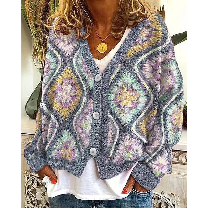 Women's Sweater Cardigan Fashion Streetwear Daily Argyle Ribbed V Neck Knitted Print Long Sleeve Regular Tops Knit Holiday Going out Weekend Dark Blue Fall Winter