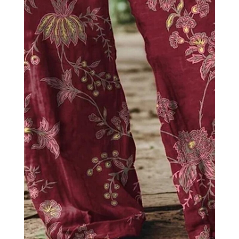 Women's Wide Leg Pants Trousers Palazzo Pants Fashion Boho Full Length High Waist Flower Elastic Waist Print Breathability Comfortable Street Daily Wear Going out Wine Spring Fall Regular Fit3