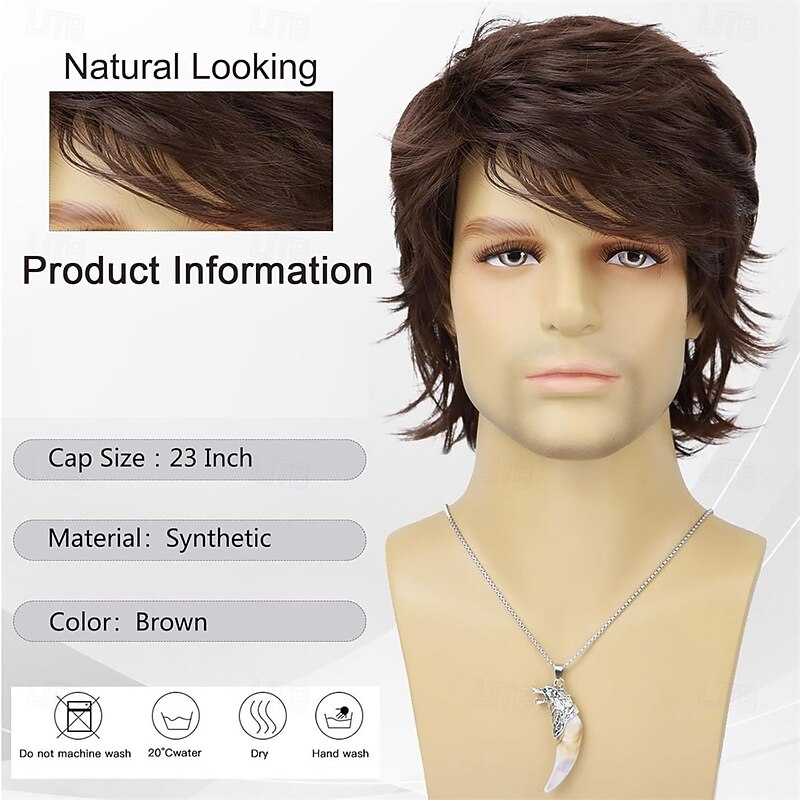 Mens Light Brown Wig Short Layered Natural Wavy Synthetic Heat Resistant Hair Wigs Male Guy Daily Party Costume Halloween Cosplay Wigs2
