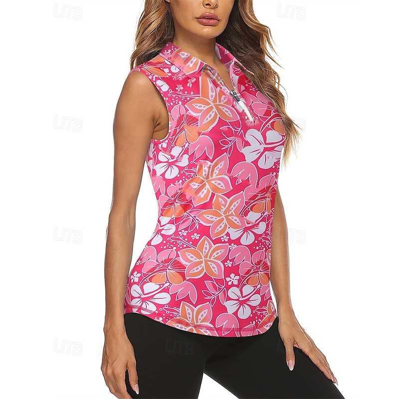Women's Graphic Floral Tropical Sport Shirt Golf Polo Shirt Tennis Shirt Sleeveless Zipper High Elasticity Moisture Wicking Breathable Tennis Golf Pickleball Turndown Zip Collar Shirt Top Pink Blue