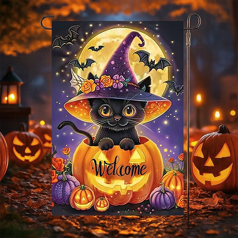 Halloween Garden Flag Banner – Black Cat in Pumpkin Cauldron "Welcome", Double-Sided Weather-Resistant Yard Flag for 2025 Halloween Holiday Outdoor Lawn, Porch Decoration3