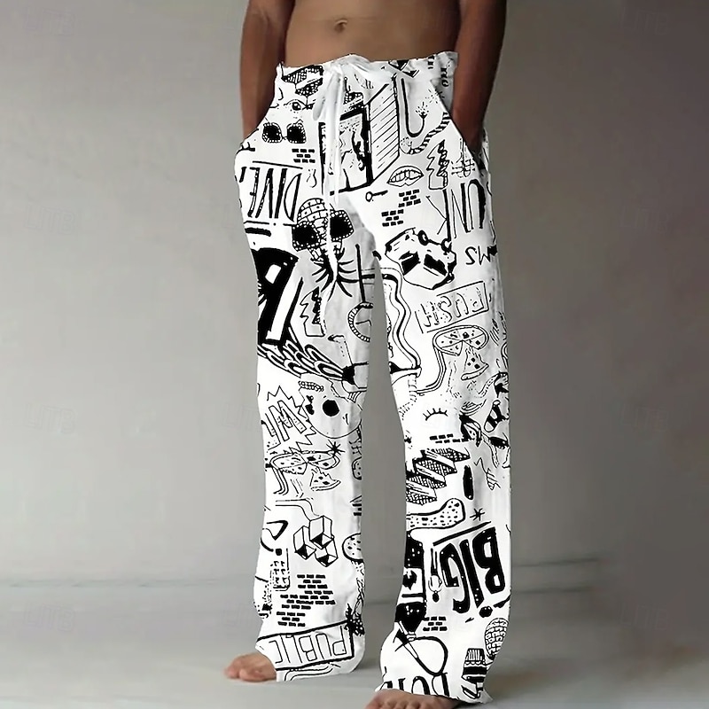 Men's Abstract Art Line Drawing Trousers Baggy Pants Casual Pants Mid Waist Casual Outdoor Vacation Elastic Drawstring Waist Linen-Like Pants with Pockets Spring Fall 3D Print White