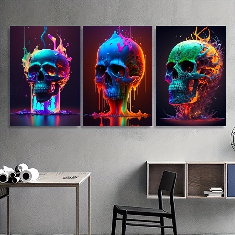 Abstract Neon Skull Color Canvas Art Gorgeous Flame Poster Print Unframed Living Room Bedroom Home Decoration Suitable for Halloween2