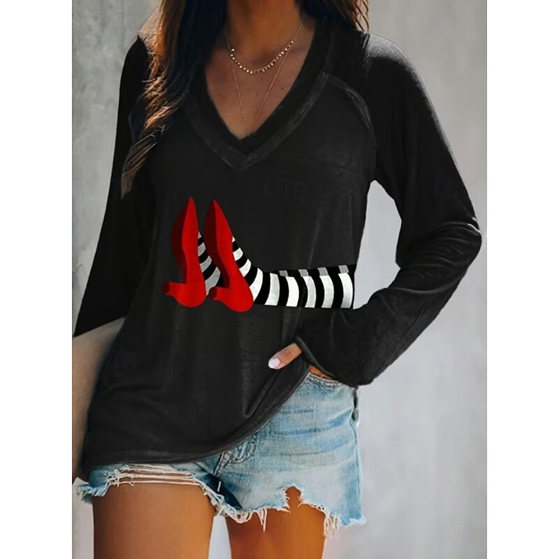 Halloween Women's T shirt Witch Long Sleeve V Neck Long Sleeve Graphic Casual Vintage Stylish Western Tops Daily Weekend Vacation Wear Print Black White Green Gray Spring Fall Prefall