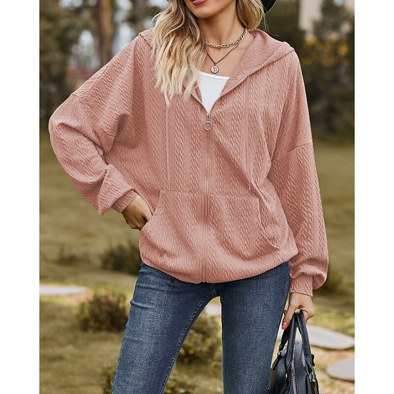 Women's Texture Sweatshirt Zip Up Hoodies Plain Streetwear Casual Long Sleeve Hooded Regular Tops Street Holiday Going out Zipper Pocket Light Pink Black Wine Navy Blue Blue Fall Winter4