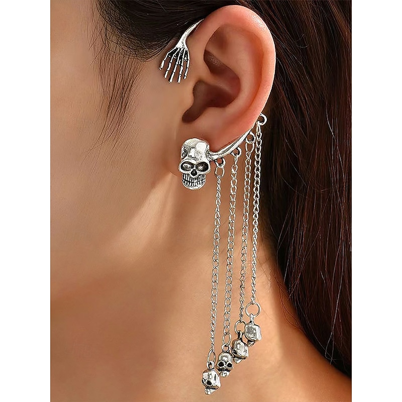 Women's Halloween Skeleton Skull Drop Earrings Set – Gothic Punk Ear Cuffs with Dangling Chains for Costume Party & Cosplay