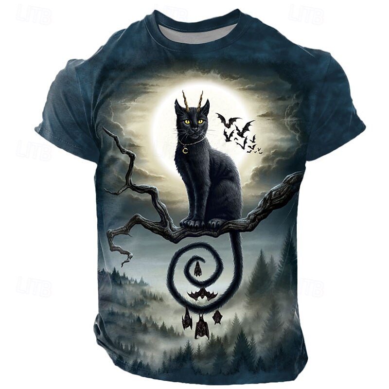 Halloween Men's Sarah Richter Cat T Shirt Short Sleeve T shirt 3D Print Crew Neck Shirt Exaggerated Designer Artistic Street Casual Daily Black Blue Purple Summer Spring All Seasons Clothing Apparel