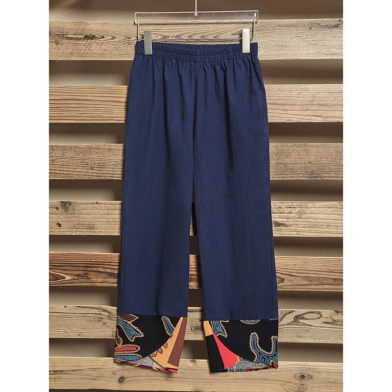Women's Slacks Pants Trousers Vacation Vintage Ethnic Style Full Length High Waist Floral Graphic Geometic Elastic Waistband Comfy Breathability Soft Inelastic Outdoor Street Daily Black Navy Blue4