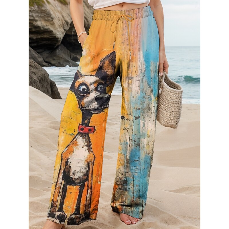 Women's Wide Leg Chinos Baggy Pants Vacation Vintage Fashion Full Length High Waist Graphic Animal Dog Printing Soft Breathable Inelastic Formal Outdoor Vacation Amethyst Robin's Egg Blue River Blue