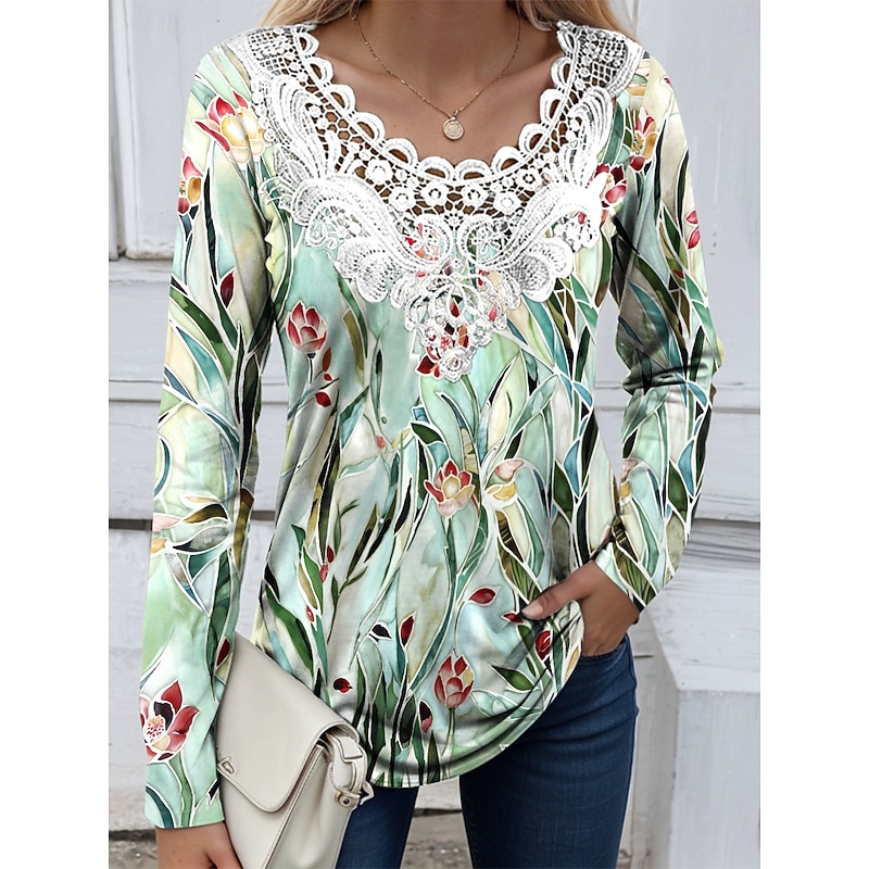 Women's Blouse Tunic Lace Splicing V Neck Long Sleeve T Floral Graphic Plants Casual Crew Neck Regular Tops Daily Lace Eyelet White Green off-white Spring Fall Prefall3