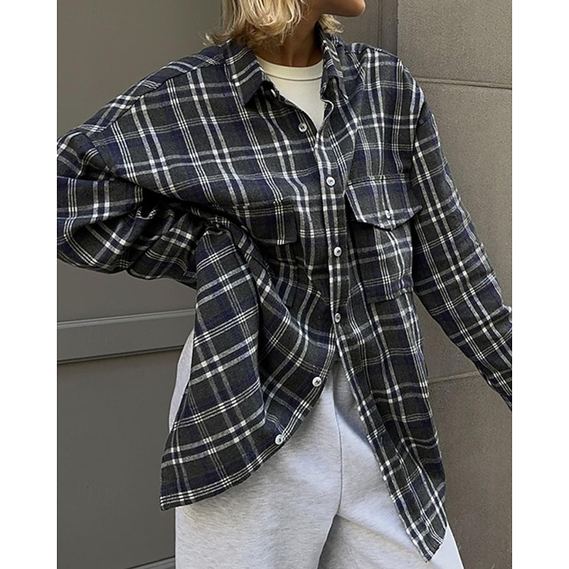 Women's Shirt Plaid Daily Stylish Basic Long Sleeve Shirt Collar Regular Tops Work Daily Holiday Buttons Army Green Navy Blue Brown Spring Fall4