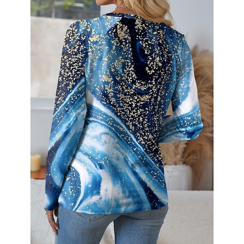 Women's T Shirt Graphic Geometric Vintage Casual Long Sleeve Crew Neck Regular Tops Daily Buttons Print Sage Green Blue Purple Brown Green Spring Fall Winter2