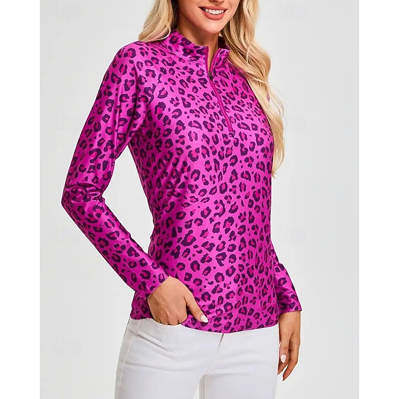 Women's Leopard Golf Polo Shirt Tennis Shirt Long Sleeve Print Quarter Zip Pullover UV Protection Elastic Breathable Tennis Golf Pickleball Zip Collar Shirt Polo Pink Tennis Clothing4