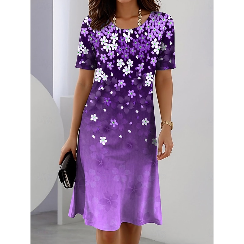 Women's Elegant Party Evening Midi Dress Crew Neck Short Sleeve Shift Dress Summer Dress Casual Daily Regular Fit Floral Graphic Red Blue Purple Green Summer Spring3