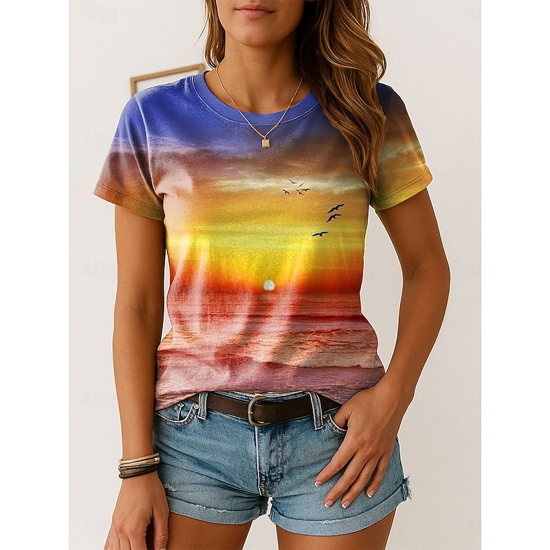 Women's T Shirt Ombre Graphic Vintage Stylish Classic Short Sleeve Crew Neck Regular Tops Daily Weekend Print Pink Blue Purple Orange Summer Spring