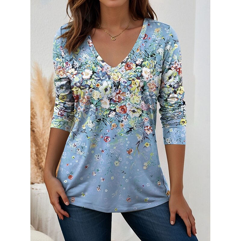 Women's T Shirt V Neck Long Sleeve Tunic Floral Graphic Plants Vintage Stylish Classic Regular Tops Daily Print Pink Blue Green Summer Spring Fall3