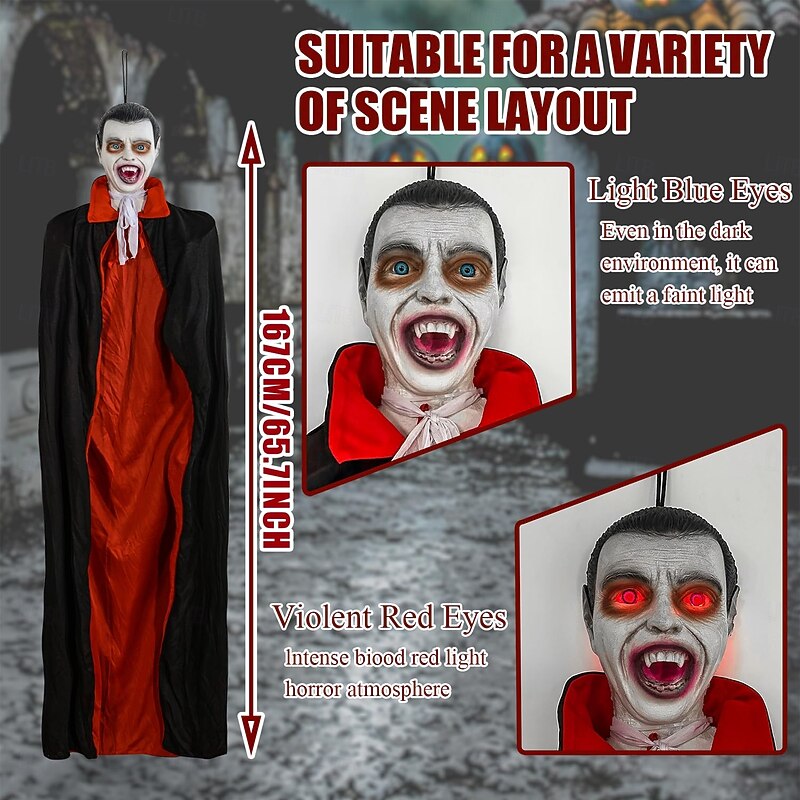 Halloween Hanging Vampire Props, Life Size Hanging Ghost Dead Body, with Voice-activated Sensor & Glowing Eyes, for Halloween Haunted Houses Party Outdoor Decorations2