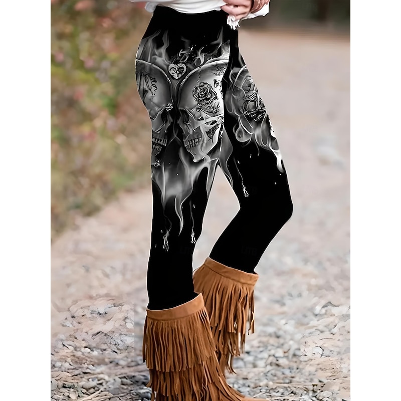 Women's Leggings Punk Vintage Fashion Ankle-Length High WaistPantsHalloween Graphic Skull Halloween Printing Thermal Warm Soft Breathable Stretchy Vacation Casual Daily Black White Sky Blue Green
