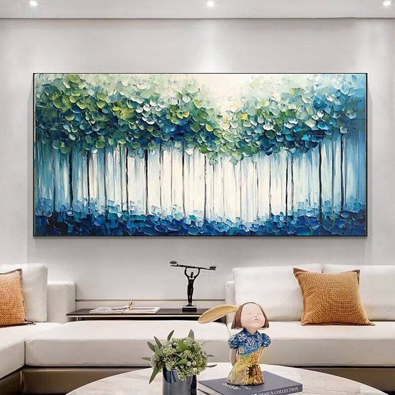 Handmade Oil Painting Modern Abstract Forest Bold Textured Brushstrokes Emerald Green Canopy Teal Hues Minimalist Trunks Sapphire Depths Contemporary Wall Art Gallery Wrapped Canvas Impasto Technique