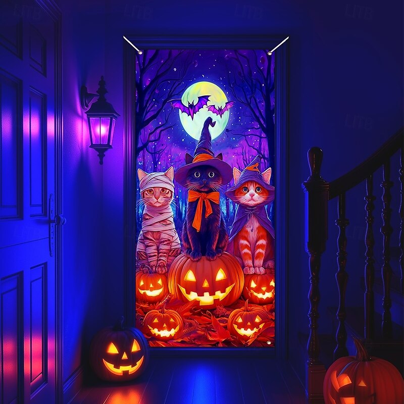 Halloween Door Cover Neon Scarecrow with Pumpkins Banner, Glowing Blacklight Entrance Decoration for Outdoor & Indoor 2025 Halloween Bedroom, Living Room, Bathroom4