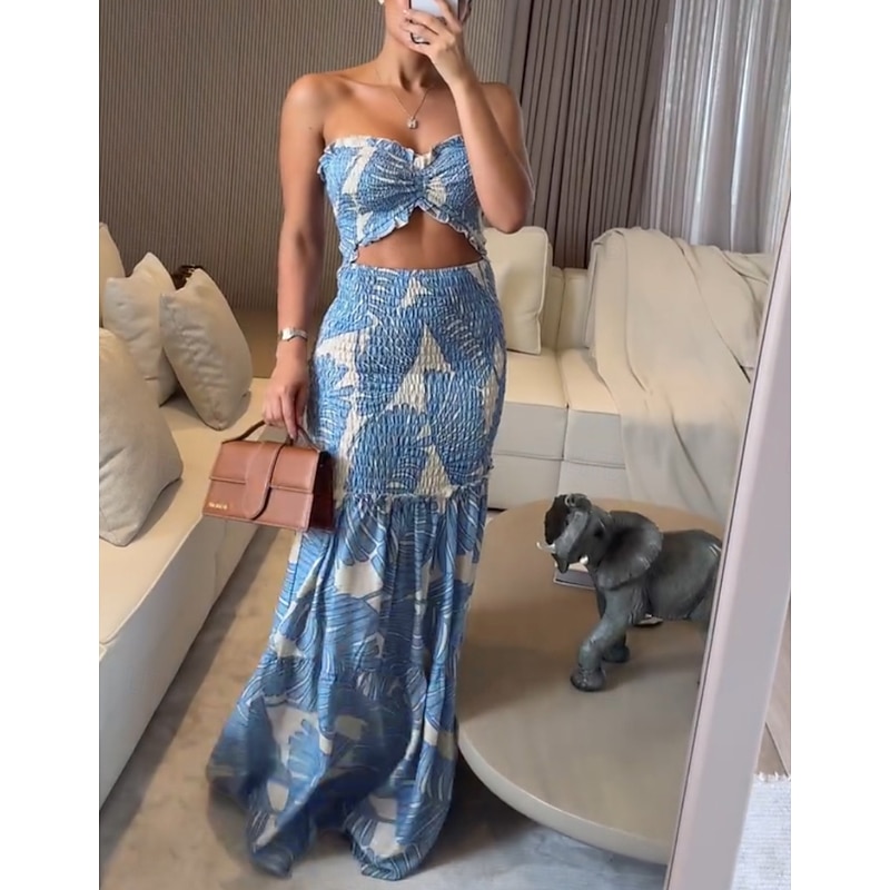 Women's Long Dress Maxi Dress Bodycon Halter Neck Dress Ruched Dress Sexy Dress Beach Summer Dress Regular Fit Leaf Sleeveless Halter Neck Pink Blue Green Summer