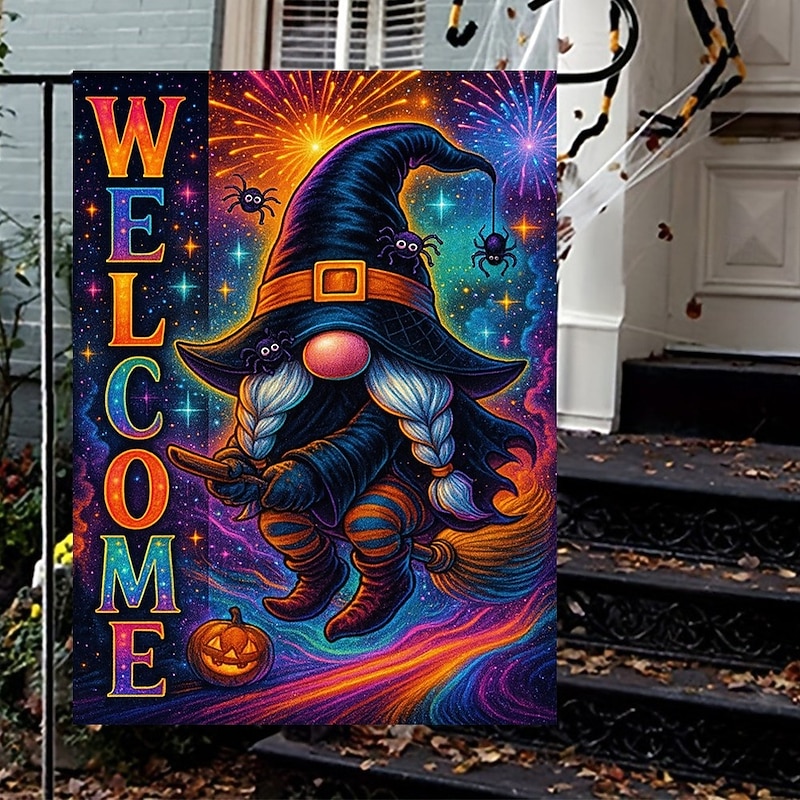 Halloween Garden Flag Banner – Neon-Style "Welcome" Witch with Spiral, Double-Sided Weather-Resistant Yard Flag for 2025 Halloween Holiday Outdoor Lawn, Porch Decoration4