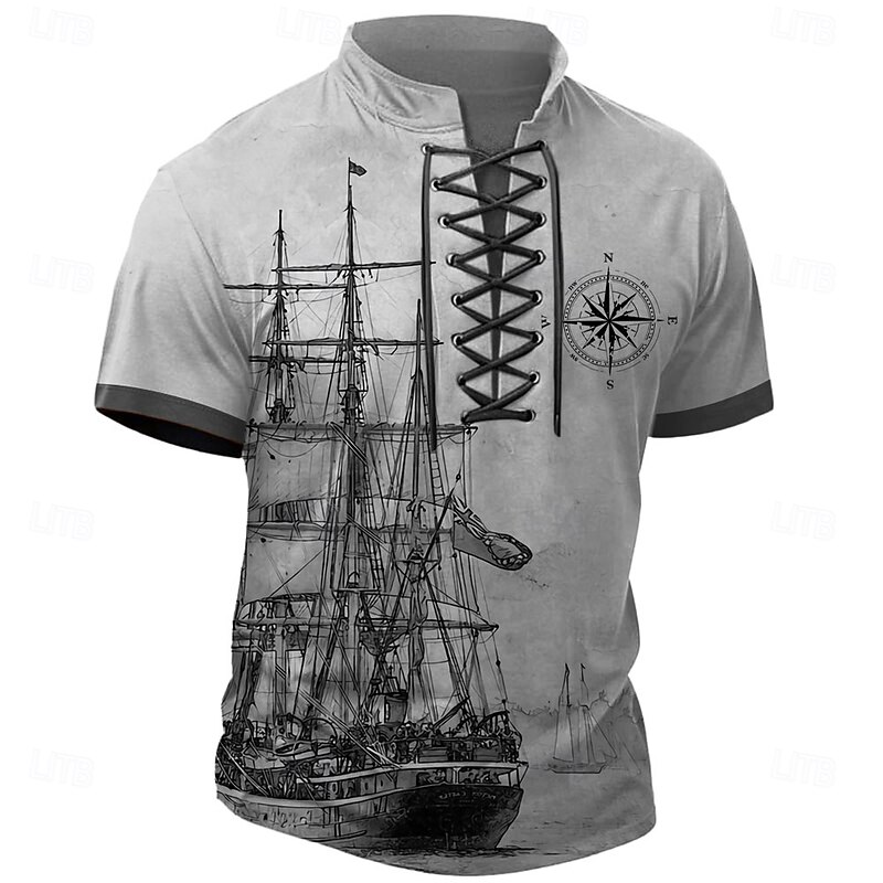 Halloween Men's Ship Henley Shirt T shirt Tee Short Sleeve T shirt 3D Print Crew Neck Lace Up Neck Henley Shirt Retro Vintage Casual Vintage Retro Street Sports Outdoor Casual Blue Green Khaki Summer - Main Image