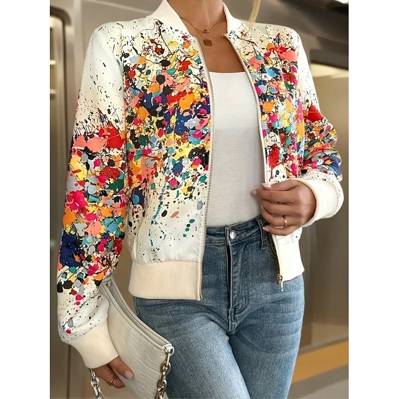 Women's Casual Jacket Comfortable Breathable Print Active Vintage Fashion Daily Abstract Casual Short Stand Collar Regular Fit Long Sleeve Outerwear Black White Pink Fall Winter