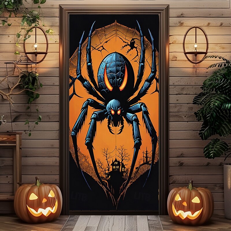 Halloween Door Covers Door Hanging Spider Tapestry Door Curtain Decoration Backdrop Door Banner for Front Door Farmhouse Holiday Party Indoor Outdoor Decor Supplies3
