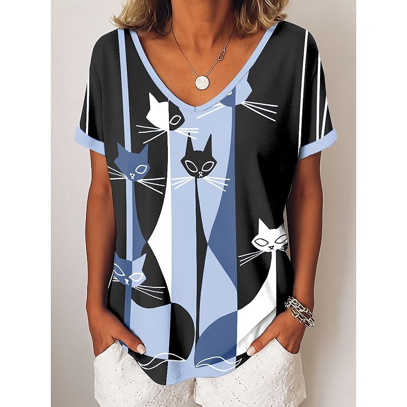 Halloween Women's T shirt Black Cat Graphic Animal Geometric Vintage Stylish Casual Short Sleeve V Neck Regular Tops Daily Weekend Vacation Wear Print Red Blue Green Gray Summer4