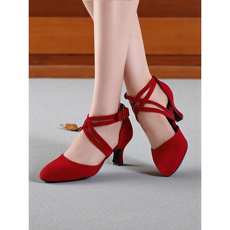 Women's Red Suede Cross-Strap Dance Shoes with Mid-Heel - Professional Latin and Ballroom Performance Footwear3