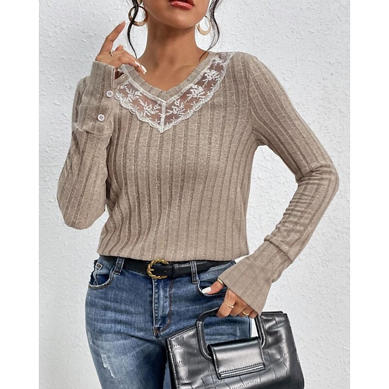 Women's Sweater Pullover Daily Stylish Casual Solid Color Ribbed V Neck Lace Knitted Long Sleeve Regular Tops Knit Daily Holiday Going out Khaki Fall Winter2