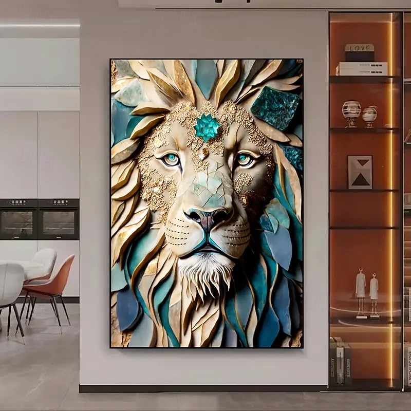 1 Piece Of Majestic Lion Head Kintsugi Canvas Art Frameless Modern Abstract Wall Decoration Blue And Gold Leaf Design Suitable For Living Room And Bedroom