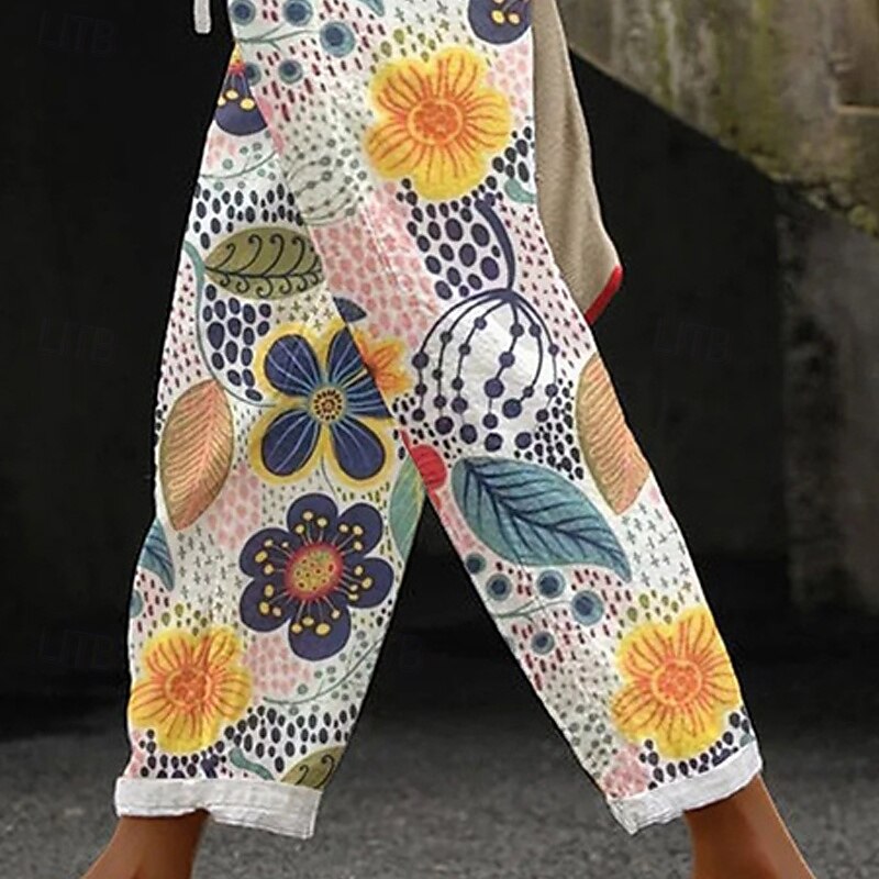 Women's Wide Leg Pants Trousers Fashion Streetwear Full Length Mid Waist Flower Elastic Waist Print Breathability Comfortable Street Daily Wear Going out Yellow Summer Spring Regular Fit3