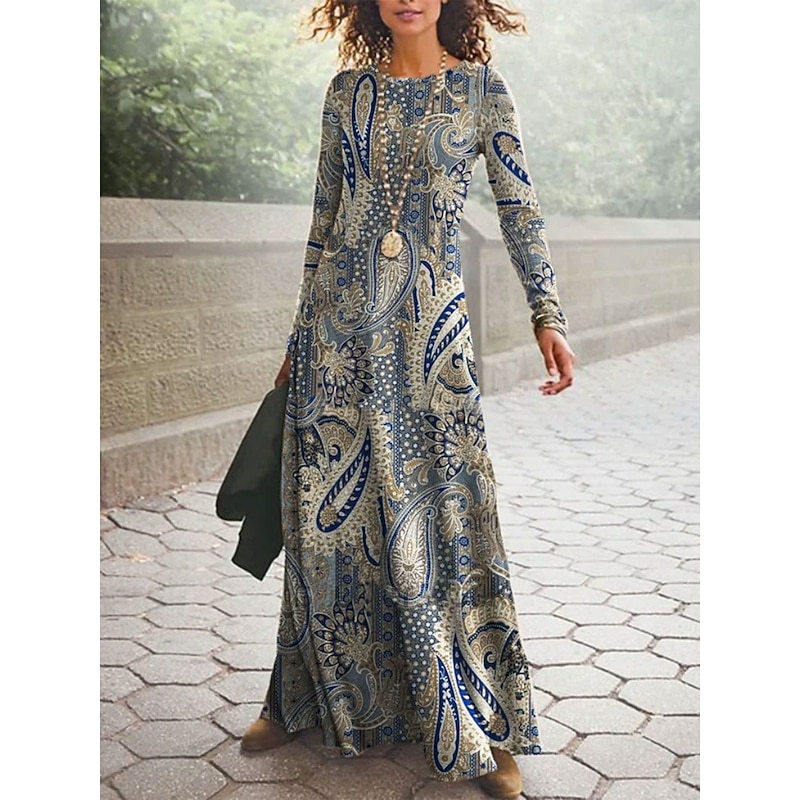 Women's Maxi Dress Vintage Bohemian A Line Dress Crew Neck Long Sleeve Casual Daily Regular Fit Graphic Paisley Blue Camel Gray Spring Fall Winter Autumn