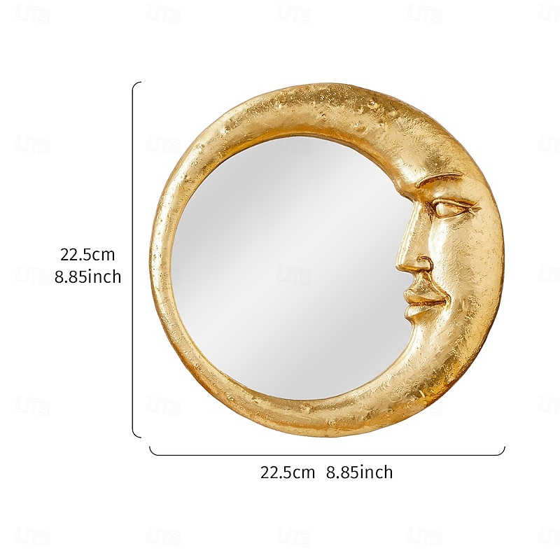 Gold Resin Moon Face Wall Mirror, Round Artistic Hanging Mirror for Home Background Wall Decor, Creative Makeup Mirror for Vanity, Wall Decoration, and Photography Props2