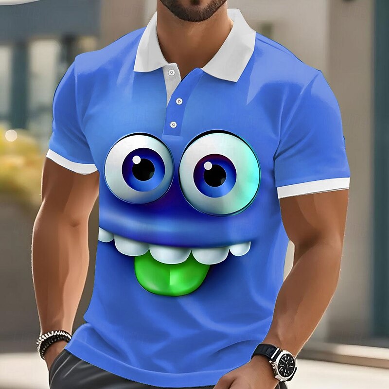 Men's Cartoon Funny Smile Face Polo Short Sleeve Polo Shirts Lapel Ugly Casual Resort Outdoor Street Gift Athleisure 3D Print Buttons Summer Black Blue Purple3