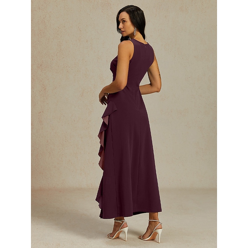 Women's Maxi Dress Sheath Dress Pleated Dress Ruffle Dress Elegant Party Semi Formal Wedding Guest Evening Party Graduation Solid Color Sleeveless Crew Neck Boat Neck Burgundy Summer Spring Fall2