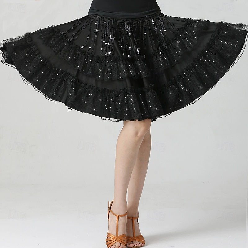 Latin Dance Skirts Pure Color Splicing Paillette Women's Performance Training High Polyester3